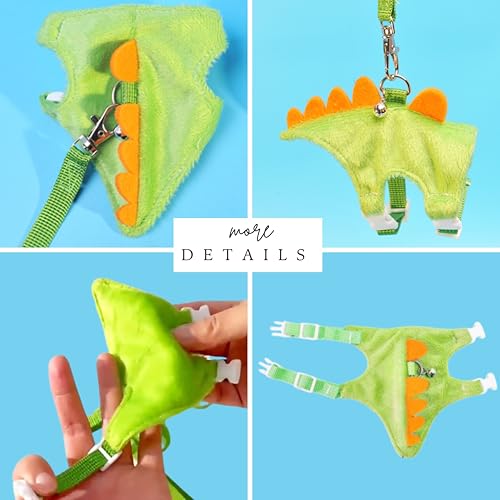 Image of Hedgehog Leash and Harness Clothes Accessories, Dinosaur Shaped Harness Leash for Training Playing, Hamster Clothes for Ferret Guinea Pig Hamster, Hedgehog Accessories, Guinea Pig Outfits (Green)