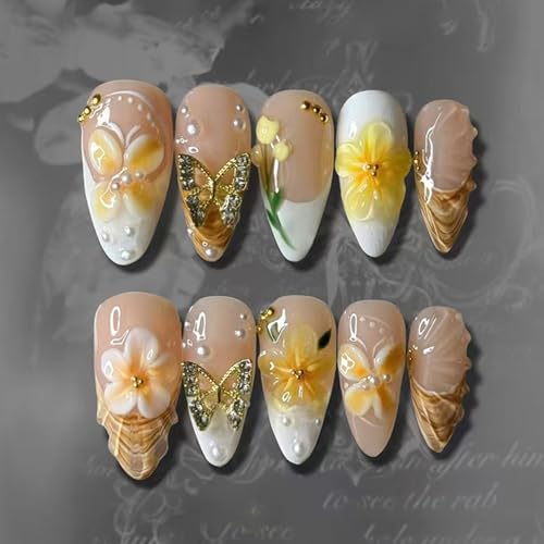 24Pcs Creamy Yellow French Press on Nails Medium Almond Fake Nail...
