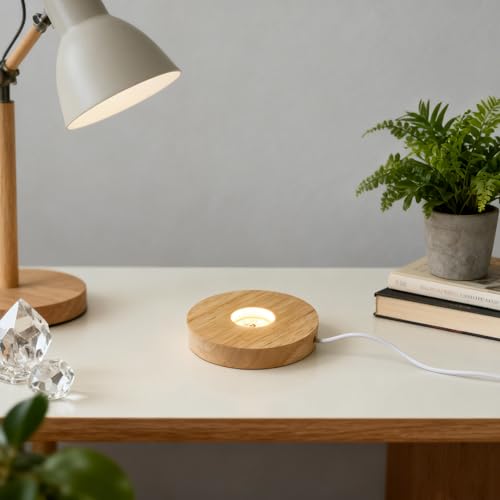 Image of Wooden LED Light Display Base, Round Lighted Lamp Stand Desk Table Holder (with USB Cable Switch) - Warm Light Version for Crystal, Glass, Acrylic, 3D Resin Lamp Models