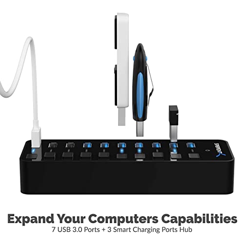 60W 10 Port Usb 3.0 Hub Includes 3 Smart Charging Ports With Individual Power Switches And Leds And 60W 12V/5A Power Adapter+Usb 3.0 Extension Cable A Male To A Female [Black] 3 Feet #TOP1