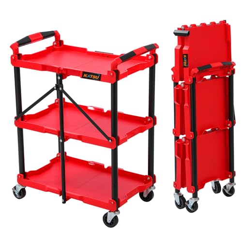KATSU Tools 3 Tier Service Cart, Foldable, Utility Rolling Tool Trolley, 150 lbs Load, Locking Wheels, Ergonomic Handles, 83 x 36 x 64cm, for Workshop Garage Home Office and More, Red