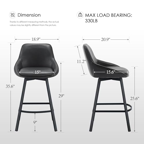 Image of Zesthouse Swivel Counter Height Stools Set of 2, Modern Upholstered Barstools with Backs, 26'' Faux Leather High Chairs for Island Kitchen, Counter Height Chairs with Metal Legs, Dark Grey