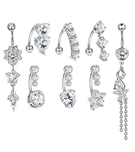 LOLIAS 8Pcs 14G Dangle Belly Button Rings for Women 316L Surgical Steel Clear CZ Barbell Piercing Dangle Reverse Curved Navel Barbell Body Jewelry,Silver-Tone