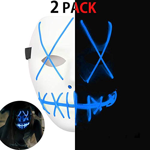 AULY 2 Pack Scary Mask LED Light Up Mask EL Wire/3 Modes Light up Purge Mask for Festival Cosplay Parties Mardi Gras Halloween Costume Party (2P-Blue mask)