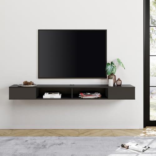 WAMPAT Black Floating TV Stand 70 inch, Wall Mounted Entertainment Center with Storage for 65/70/75 inch TV, Floating Shelf for Living Room, Bedroom
