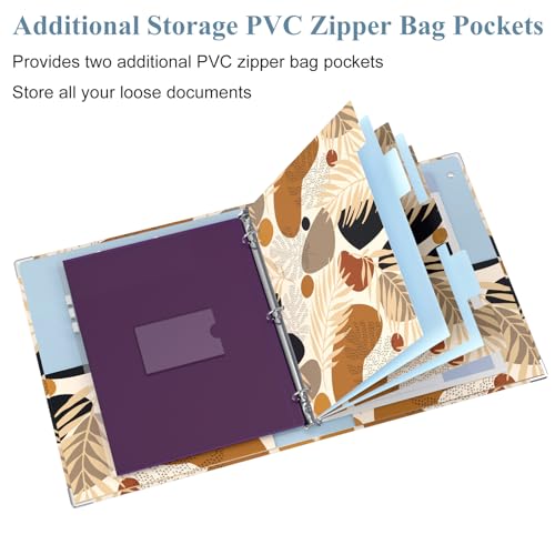 Image of 3 Ring Binder, 1 Inches Round Ring Binder with Clipboard, Dividers Tabs, PVC Zipper Bag Sleeves & to Do List Planners for Women, Men, School, Office Supplies, Modern Leaves