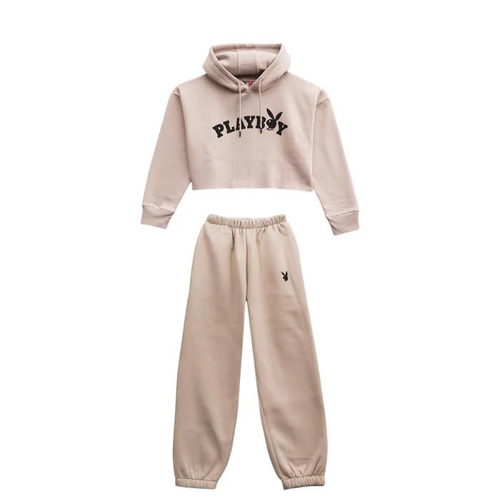 Playboy Women’s Cropped Hoodie Set – 2-Piece Loungewear Varsity Graphic, Bunny Logo, High-Waisted Sweatpants