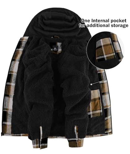 Image of V VALANCH Men's Flannel Shirt Jacket with Hood Fleece Lined Plaid Jacket Zip Up Winter Warm Coat
