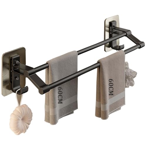 TERRIFI 60cm Towel Rail - Self Adhesive Towel Bar Anti-Rust Aluminium Rack Holder No Drilling 2 Tier Double Rod Towel Shelf Storage with 2 Hooks Wall Mounted for Bathroom Kitchen Shower