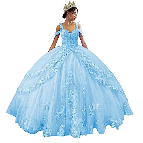 Zhangyo Spaghetti Straps Quinceanera Dresses with Butterfly Sweet 16 Ball Gown Puffy Lace Bithday Party Gowns CXL093