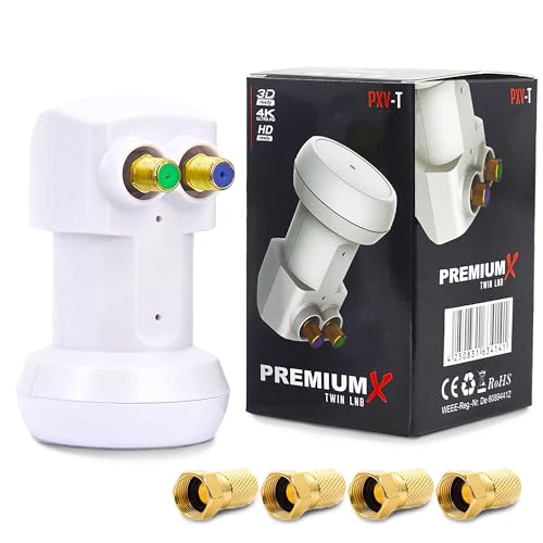 Premium X PXV T Twin LNB   Cabezal LNC doble con filtro LTE   2 participantes   SAT Digital DVB S2 4K HD 3D   Contactos dorados   Blanco   Extra Pequeño   Incluye 4 conectores F