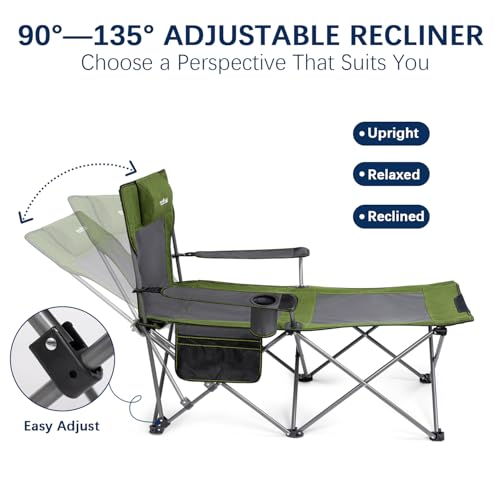 Image of apollo walker Reclining Beach Chair, Adjustable 90-135 Backrest Camping Lounge Chairs for Adults, Folding Chair with Foot Rest & Detachable Pillow - Standard 6-Leg, Green