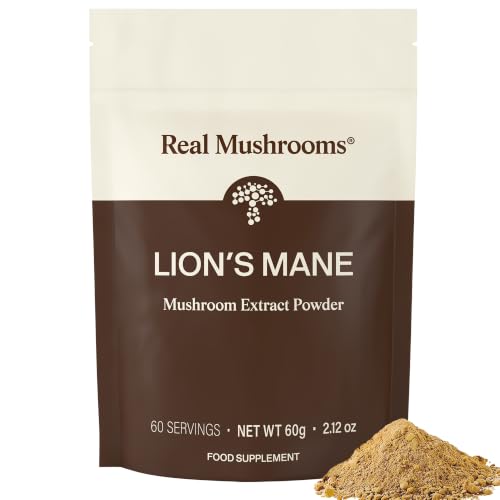 Real Mushrooms Lions Mane Powder - Organic Lions Mane Mushroom Extract for Cognitive Function & Immune Support - Brain Supplements for Memory and Focus - Vegan Mushroom Supplement 60 Servings