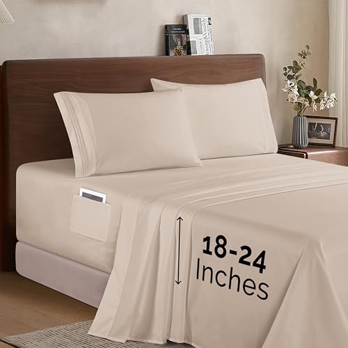 Elegant Comfort Luxury 1500 Premium Hotel Quality Microfiber 4-Piece Sheet Set - Soft, All Around Elastic 18-24 Inches Deep Fitted Sheet - Extra Deep Pocket Sheets, California King, Cream