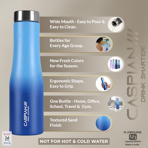 Image of CASPIAN / / / Aqua ISI Certified Stainless Steel Water Bottle 1 LTR. (M Blue, 1 Litre) | Leak Proof Thunder for Fridge Home Office Travel School Kids Boys Girls Adults Sports Gym Yoga Gift | BPA Free