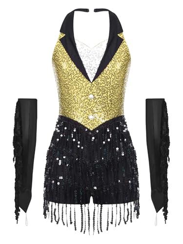 CHICTRY Costume Danse Jazz Déguisement Année 70 Femme Paillette Robe Danse Latine Disco Performance Gants Fête Spectacle Jaune S