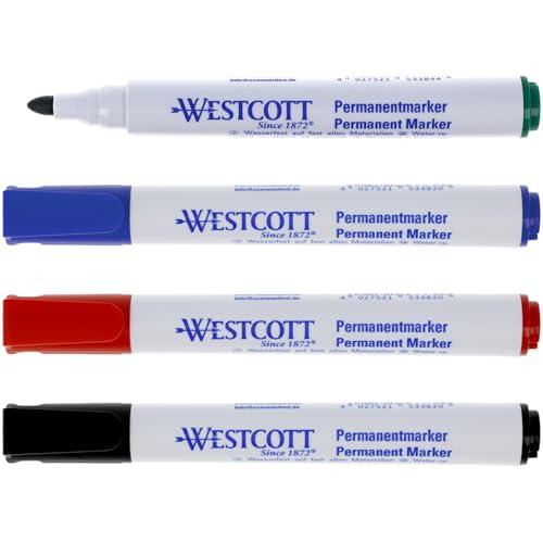 Westcott Rotulador permanente 4 piezas negro, rojo, azul, verde | Juego de rotuladores impermeables | Punta redonda de 1,5-3,0 mm | Resistente a la luz, de secado rápido, a prueba de manchas |