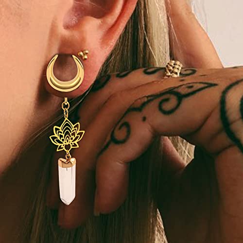 Vankula Golden Lotus Natural Stone Pendant Hypoallergenic Stainless Steel 0G 2G Plugs Ear Gauges Tunnels Piercing Expander Stretchers Fashion Body Jewelry #TOP2