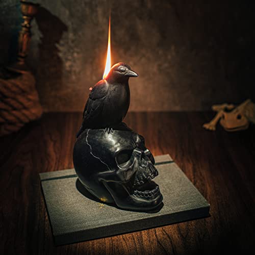 Crow Raven Skull Candle - Gothic, Spooky Witchy Room Decor Decorations - Realistic Skeleton Skull & Bones Candles - Vegan 100% Vegetable Wax 6X3 Inches Vintage Decoration Home Indoor & Out #TOP6