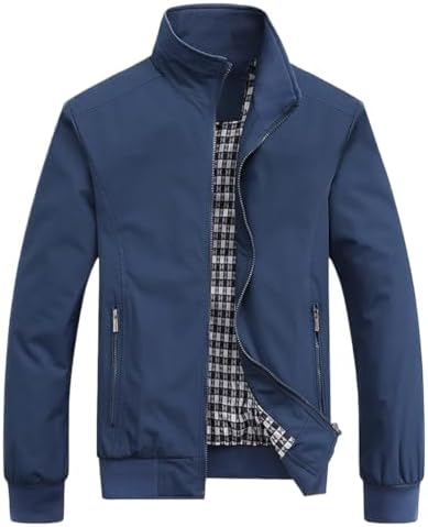 Jaqueta Masculina Casual com Gola Alta, Forro Xadrez, Casacos Zíp...