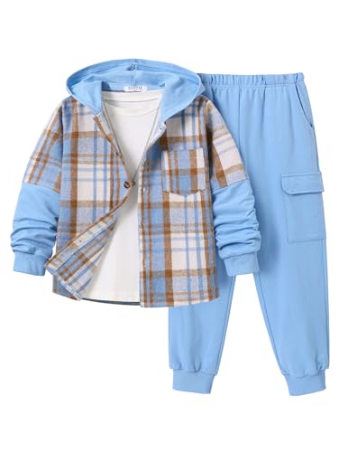 Image of 2Pcs Boys Clothes Sweatsuit Set Hoodie Flannel Plaid Shirt and Jogger Pants for Kids Fall Winter Spring Outfits