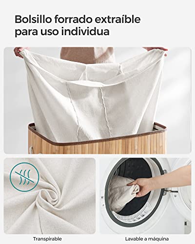 SONGMICS - Cesta de lavandería (150 L, 3 compartimentos de clasificación, tapa de bambú, asas, plegable, bolsa extraíble lavable a máquina, para lavandería, dormitorio, color madera LCB091N01 - imagen 8