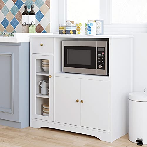 Urkno Microwave Cabinet, Kitchen Sideboard With Hutch, Floor Standing Buffet Storage Cabinet With Adjustable Shelves And Door For Dinging Room, Living Room, White #TOP25