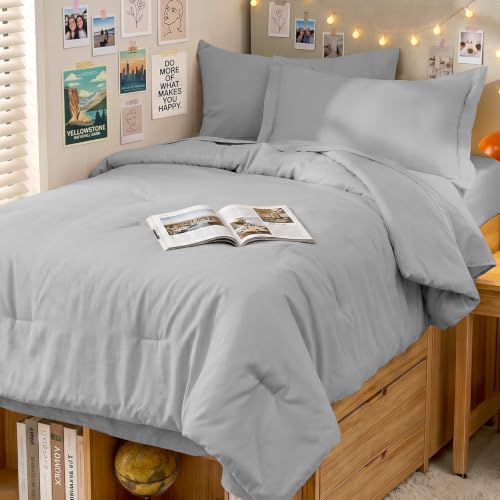 MUXHOMO 5 Pieces Twin XL Comforter Set, Soft Bed in a Bag Twin XL Size, All Season Bedding Set with Comforter, Flat Sheet, Fitted Sheet, Pillowcases & Shams, Light Grey by MUXHOMO - Used condition - Image 7