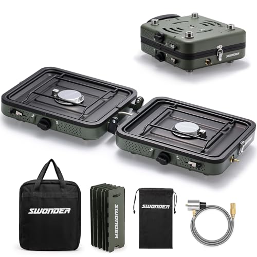 Swonder Portable 2-Burner Camping Stove with Windscreen - 17,500 BTU Propane Stove, Foldable Design, Adjustable Flame Control, Stainless Steel Construction, Includes Waterproof Carry Bag