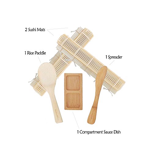 Bamboomn Deluxe Sushi Making Kit 2X Natural Rolling Mats, 1X Rice Paddle, 1X Spreader, 1X Compartment Sauce Dish | 100% Bamboo Mats And Utensils #TOP2