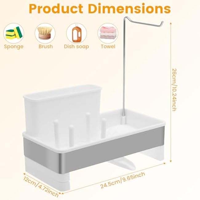 Sponge Holder for Kitchen Sink - Multifunctional Sink Rack with Auto Drain Tray, Rust Resistant Kitchen Sink Organizer with Towel Brush Holder for Countertop (White)