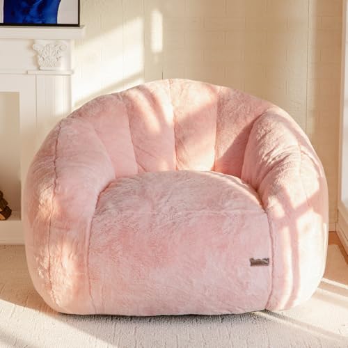 Image of MAXYOYO Giant Bean Bag Chair, Oversized Bean Bag Couch for Adults and Kids, Faux Fur Shell-Shaped Large Chair with Filler, Stuffed Big Accent Sofa Lounge Floor Sofa for Gaming, Reading, Pink