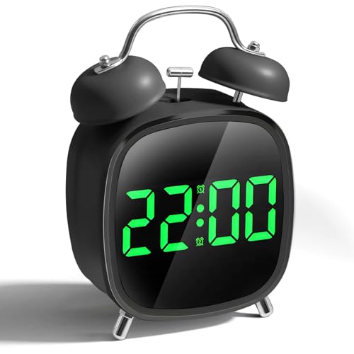 Sino duplo retro de metal, ecrã grande com retroiluminação, pequeno relógio de noite digital LED para quarto, alarme forte para adultos, adolescentes e crianças com sono profundo