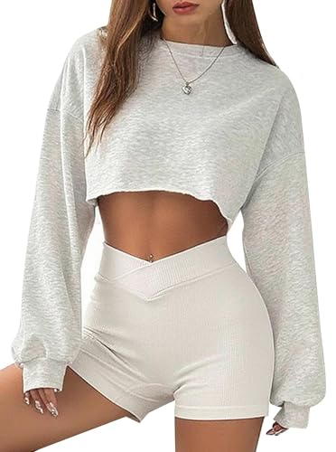 Remidoo Womens Casual Basic Cropped Sweatshirt Fleece Long Sleeve Crop Top Crewneck Drop Shoulder Pullover Gray Large