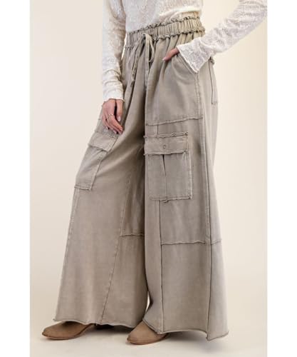 Women's Casual Wide Leg Pants Loose Drawstring Elastic Waist Patchwork Flowy Cargo Pants2