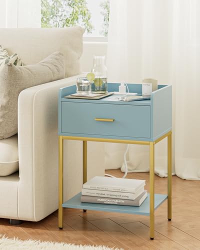 Image of Masupu Nightstand with Charging Station,3-Tier Modern Bedside Night Stand with Storage Drawer and Shelf,Small End Side Table for Bedroom,Living Room,Gold and Blue