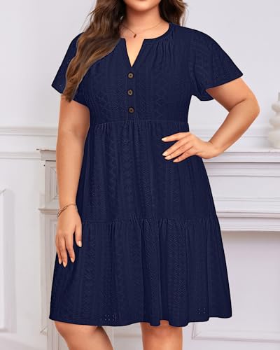 Image of Plus Size Summer Dress Casual Short Sleeve Button Midi Sun Dresses Women