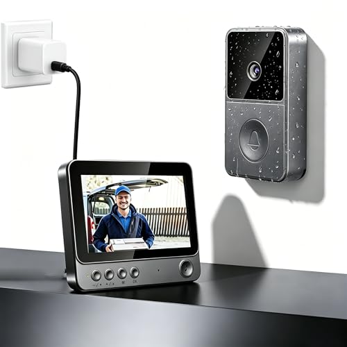 1080p Sonnette Sans Fil avec Camera, IP65 Sonnette Sans fil Exterieur Eetanche avec Écran 4.3