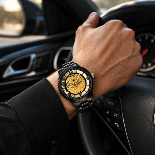 Image of Foshel Skeleton Mechanical Men's Watch, Black Stainless Steel Bracelet, 40MM Case, Analogue Display, Water Resistant