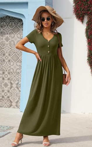 Image of GRECERELLE Womens Summer Long Maxi Dresses 2026 Short Sleeve V Neck Casual Button Dress with Pockets