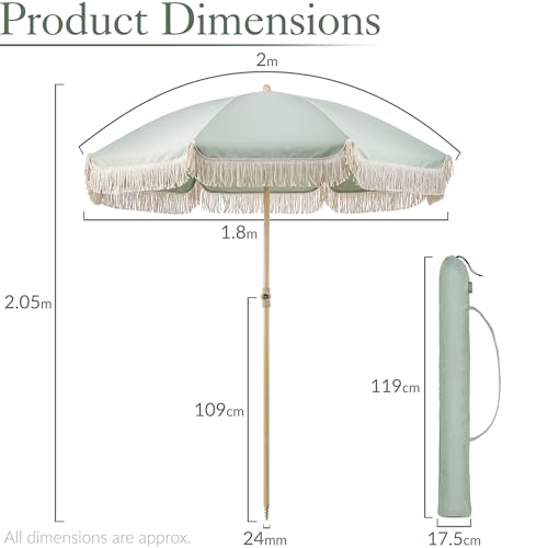 CHRISTOW Portable Garden Parasol with Tilt, 2m Cotton Tassel Beach Umbrella, Outdoor Patio Sunshade, Tilting Canopy, Steel Pole with Wood Effect, UV50+ Sun Protection, Water Resistant, Bag (Sage) - Image 6