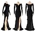 Vakkest Summer Long Sleeve Evening Dresses Women Bodycon Prom Gown Split Ruched Full Length Floor Ruched Party Maxi Dress Off Black