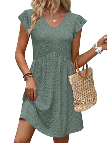Image of OFEEFAN Summer Dresses for Women Beach Vacation Clothes V Neck Ruffle Sleeve Babydoll Dress Elegant Classy Sundress