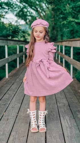 fioukiay Girls Fall Dress Ruffle Long Sleeve Crew Neck A-line Casual Swing Knit Dresses with Belt3