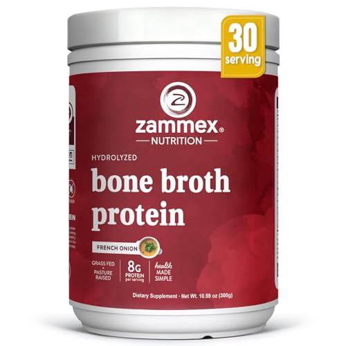 Zammex Beef Bone Broth Protein Powder - Grass-Fed Hydrolyzed Collagen, Supports Hair Skin and Joint & Bone Health, Pasture Raised Keto Paleo Friendly 30 Servings- French Onion