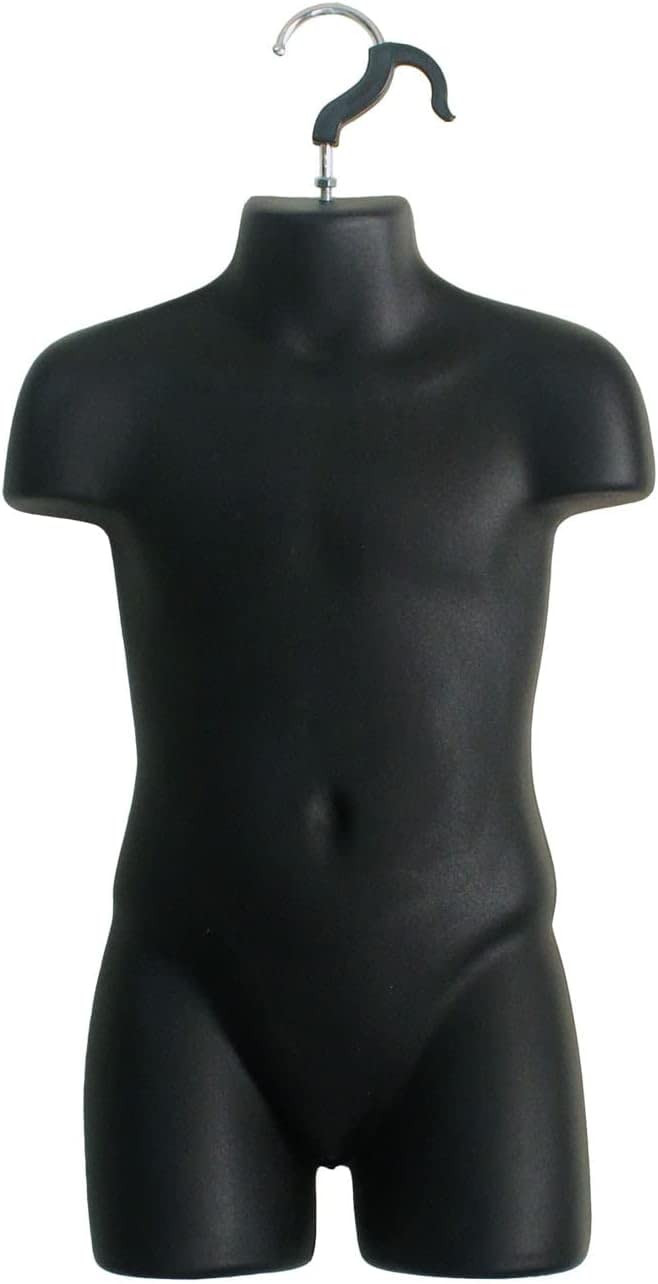 DisplayTown Child Mannequin Torso with Metal Stand Hollow Back Body Stackable Dress Form for Tshirt Display, Countertop, Craft Shows, Photos and Design, Size 5T-7 (Black, Set of 1)