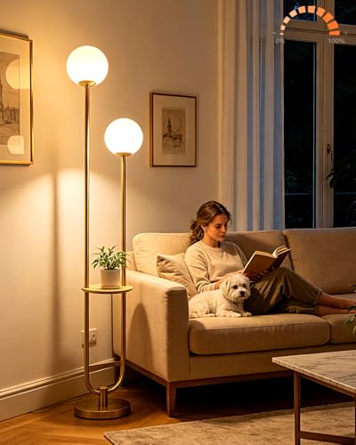 Image of Lightdot 2 Globe Gold Floor Lamp with Table Mid Century Standing Lamps with 3000K LED Bulbs Unique U-Pole Vintage Tall Floor Lamp with 5Lbs Heavy Base for Living Room /Bedroom /Wedding /Party /Home Decor