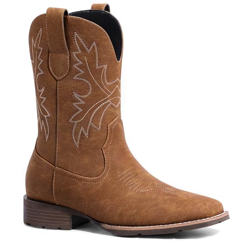 Image of Lumeheel Cowboy Boots for Men - Western Men's Boots with Classic Embroidered, Slip on Square Toe Boots, Slip Resistant Country Boots Chunky Heel Ankle, Durable Short Boots for Spring Fall