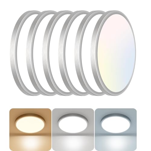 Image of libtit 12 inch Flush Mount LED Ceiling Light Fixture, 3000K 4000K 6500K Adjustable, 28W 3200lm Brushed Nickel Satin Round Lighting Fixtures for Bathroom Shower Hallway Kitchen, 6 Pack