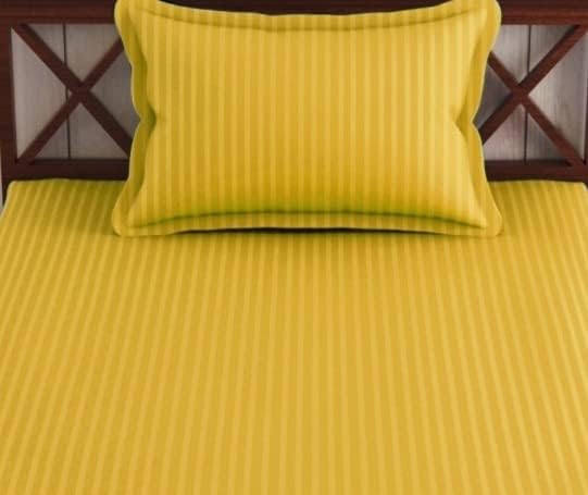 KISHORI FABS 210 TC Glace Cotton Plain Stripe Single Bedsheet with One Pillow Cover for Home Hotel (60X90) Inch (Yellow) 1